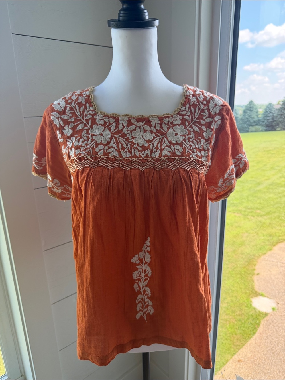 THML Rust Orange Embroidered Peasant Blouse